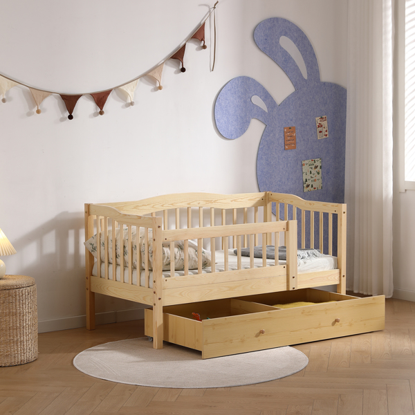 FCH Vertical Fence Wood Painted Pine Toddler Bed with Bottom Drawer and Side Car Bed