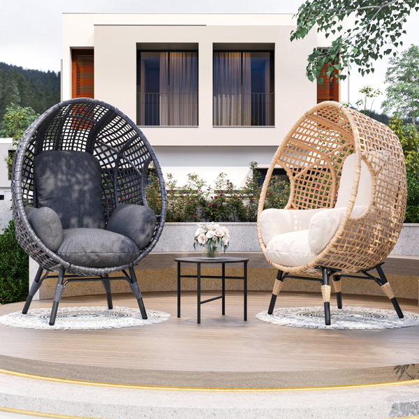 New Grid Style  PE Wicker Weaving Patio Egg Chair with Natural Color Rattan Beige Cushion and Table