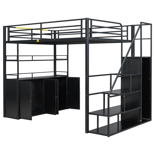 Full Size Metal Loft Bed with Storage Staircase and Wardrobe,Shelves and Lockers,Black