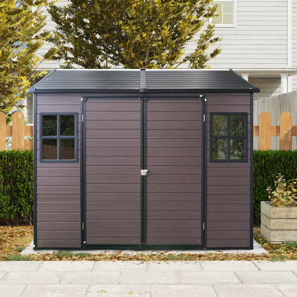 8 x 6 ft Resin Outdoor Storage Shed Waterproof Shed with Floor & Two Windows & Lockable Door, Tool Shed for Garden, Patio, Backyard ( Brown)