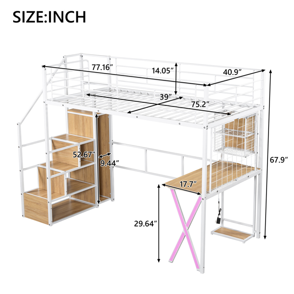 Twin Size Metal Loft Bed with Built-in Work Station, Wardrobe, Storage Staircase and LED, White