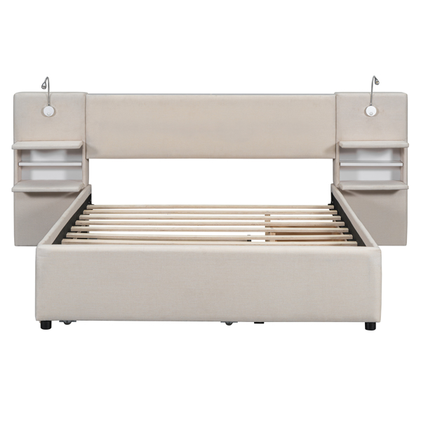 Queen Size Upholstered Platform Bed with Reading Lights, Drawers, Trundle and Shelves, Beige