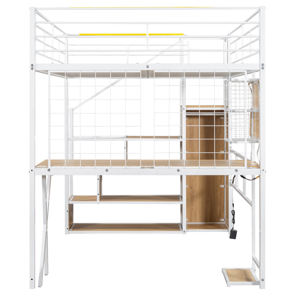 Full Size Metal Loft Bed with Built-in Work Station, Wardrobe, Storage Staircase and LED, White