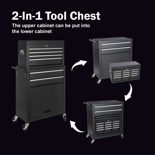 Tool Chest, 8-Drawer Rolling Tool Storage Cabinet with 2 in 1 Detachable Top Tool Box, Liner, Lockable Wheels, Side Hooks, Locking Mechanism, Metal Tool Cart for Garage