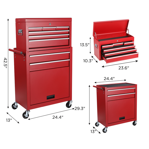 Tool Chest, 8-Drawer Rolling Tool Storage Cabinet with 2 in 1 Detachable Top Tool Box, Liner, Lockable Wheels, Side Hooks,Metal Tool Cart for Garage