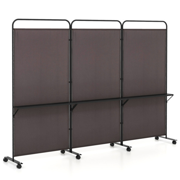 3-Panel Folding Divider with Lockable Wheels and 3 Metal Shelves Brown