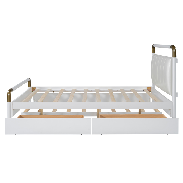 Queen Size Wooden Storage Platform Bed, with 2 Big Drawers, T-XL Size Trundle, White