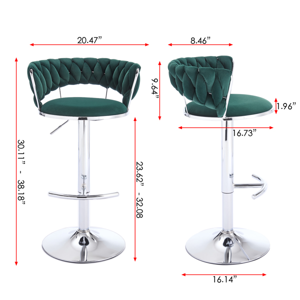 Set of 2 Bar Stools,with Chrome Footrest and Base Swivel Height Adjustable Mechanical Lifting Velvet + Chrome  Leg Simple Bar Stool-GREEN