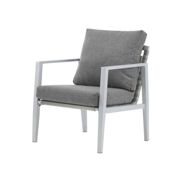 Silver Aluminum Lounge Chair with Sleek Rope Accents and Comfortable Cushions, Perfect for Modern Outdoor and Indoor Spaces