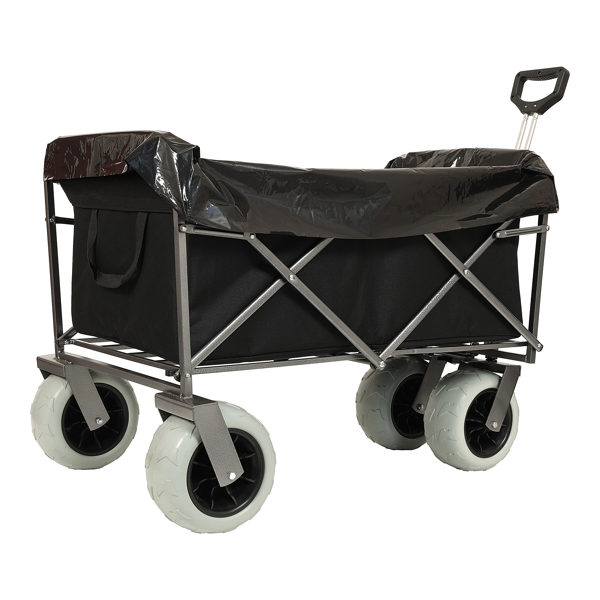 Beach Wagon with Big Wheels for Sand 500lbs capacity - All Terrain Steel Frame Utility Cart with 9" Pneumatic Tires, Collapsible Folding Design ,strap with multiuse bag ,black