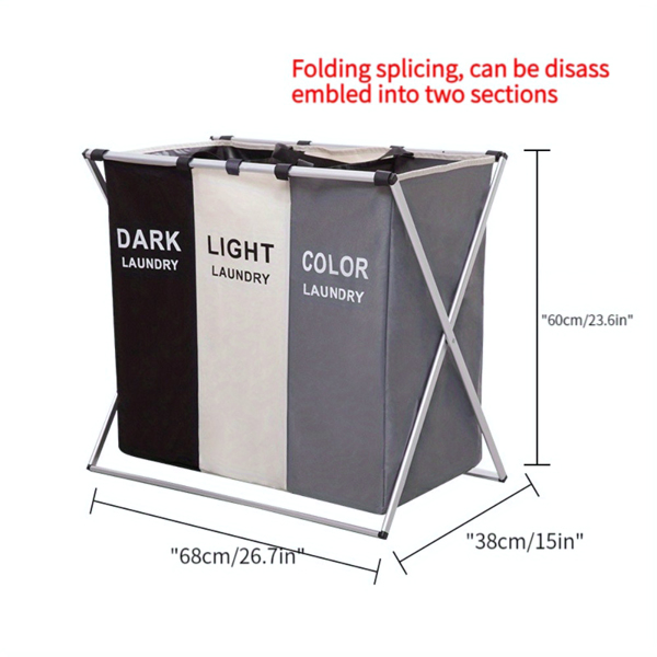 Folding 3-Section Laundry Hamper Sorter - Waterproof Oxford Bags, Sturdy Aluminum Frame, Perfect for Home and Dorm Storage and Organization