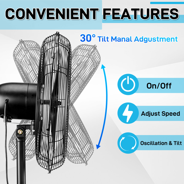 20 Inch Pedestal Floor Fan 5000CFM, Oscillating Standing Fan, Adjustable Rod, 100% BLDC Copper Motor,4 Speeds, Aluminum Blades, Metal Stand Up Fan For Industrial, Commercial, Residential, Shop