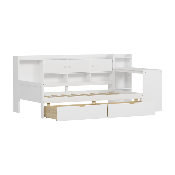 Wooden L-Shape Daybed with Seven Storage Cabinets and Two Storage Drawers, Multi-functional Bed with Study Desk and Built-in Bookshelf, White