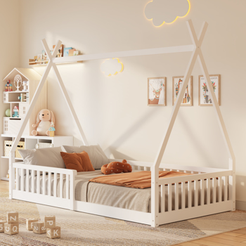 Twin Size Wood House Bed with Fence, White(ETA:2.27)