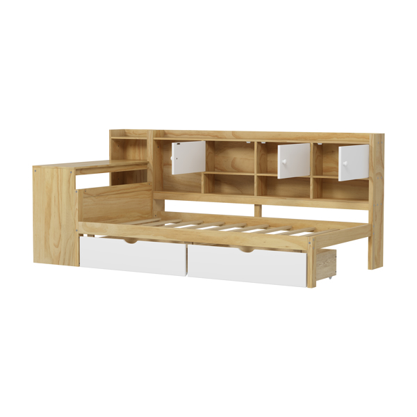 Wooden L-Shape Daybed with Seven Storage Cabinets and Two Storage Drawers, Multi-functional Bed with Study Desk and Built-in Bookshelf, Natural+White