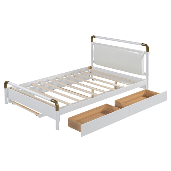 Queen Size Wooden Storage Platform Bed, with 2 Big Drawers, T-XL Size Trundle, White