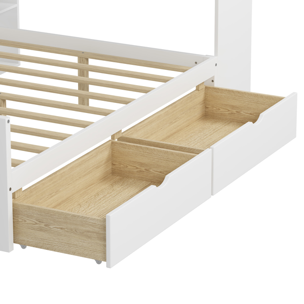 Wooden L-Shape Daybed with Seven Storage Cabinets and Two Storage Drawers, Multi-functional Bed with Study Desk and Built-in Bookshelf, White