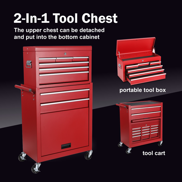 Tool Chest, 8-Drawer Rolling Tool Storage Cabinet with 2 in 1 Detachable Top Tool Box, Liner, Lockable Wheels, Side Hooks,Metal Tool Cart for Garage