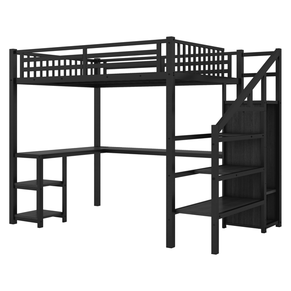 Metal Full Loft Bed with Wardrobe and LED Light, Full Size Loft Bed with L Shaped Desk and USB for Kids Teens Adults, Black