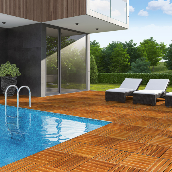 27pcs Wood Interlocking Deck Tiles 11.8"x11.8", Waterproof Flooring Tiles for Indoor and Outdoor, Patio Wood Flooring for Patio Porch Poolside Balcony Backyard