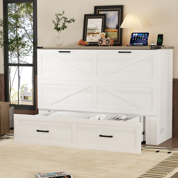 Queen Size Farmhouse Murphy Cabinet Bed with Charging Station, Foldable Platform Bed with Large Storage Drawer for Guest-Room, Small Bedroom, White