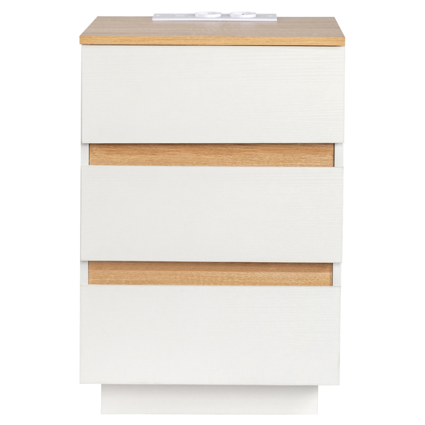 FCH embossed white + embossed oak E1 particle board 12MM handle-free 38*32*56cm 3 drawers bedside table European standard socket 1pc