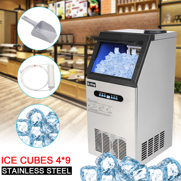  【same code：68367327】ZOKOP ZK-110 120V 240W 110lbs/50kg/24h Ice Maker Stainless Steel Transparent Frosted Lid/Display/4*9 Aluminum Ice Tray Commercial Silver