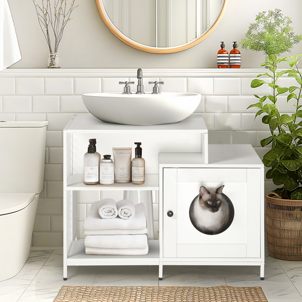 Cat litter box enclosure for bathroom, Hidden Litter Pet Washroom with Divider, Indoor Cat House for Large Cats, White