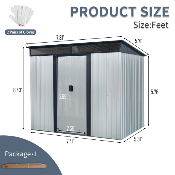 8ft x 6ft Outdoor Metal Storage with Lockable Sliding Doors and Transparent plate for Garden, Lawn  (White and Black)