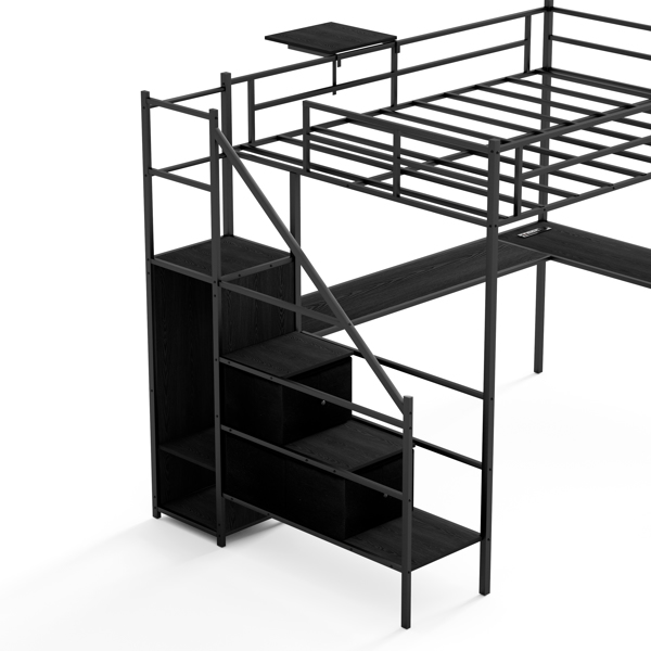 Full Size Metal Loft Bed with L-shaped Desk, LED Lights, Charging Cradle, LED Loft Bed Frame, Full Size Bed with One Cabinet Wardrobe and 2 Fabric Drawers, Safety Rails and Ladder, Black