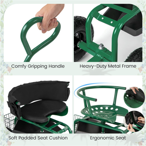 Garden Cart Height Adjustable Scooter with Swivel Seat & Tool Storage Green