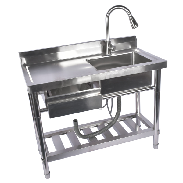 Stainless Steel Kitchen Sink Commercial Freestanding Utility Sink with Drawer and Pull-Out Faucet (39.3", RIght Sink)