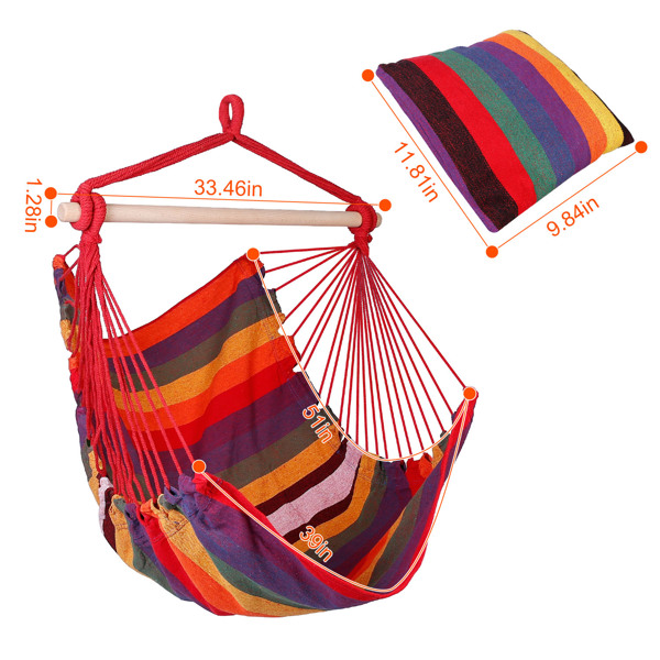 Hammock Hanging Chair Canvas Porch Patio Swing Seat Portable Camping Rope Seat Wooden Stick Hammock Chair with 2 Pillows 265LBS Load-bearing