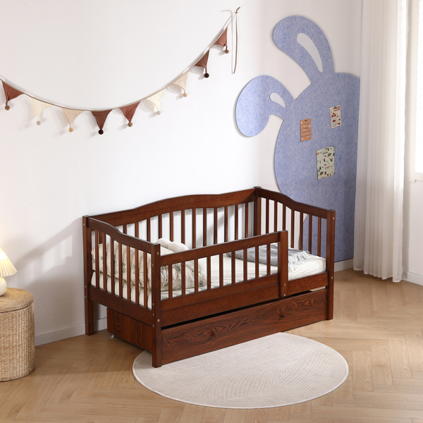 FCH Vertical Fence Brown Painted Pine Toddler Bed with Bottom Drawer and Side Car Bed