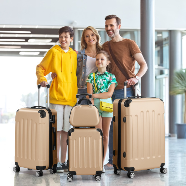 FCH Corner-Protected Four-Piece Set ABS Luggage Including 20in, 24in, 28in Suitcases + 12in Hand-Carry Case - ABS with Steel Telescopic Handle in Fashionable Champagne Gold