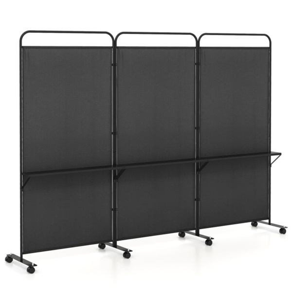 3-Panel Folding Divider with Lockable Wheels and 3 Metal Shelves Black