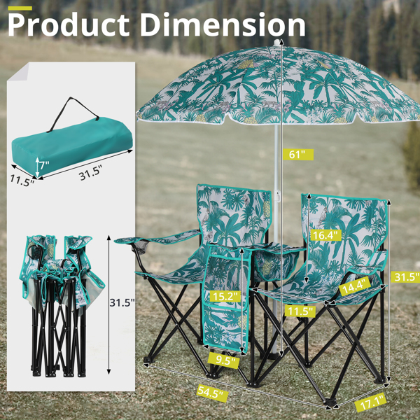 Portable Outdoor 2-Seat Folding Chair with Removable Sun Umbrella Pineapple