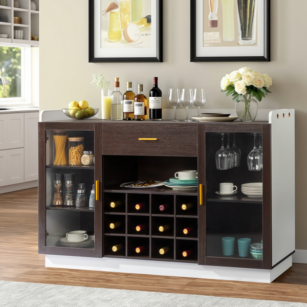 FCH Double Glass Door with Single Drawer and 12-Bottle Wine Rack Sideboard in Black Frame + White-Brown Interior Panels - Particle Board and Glass