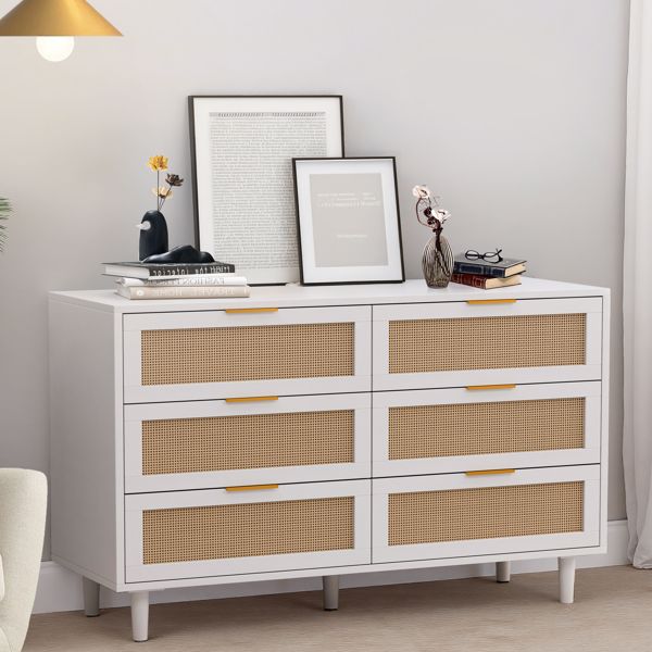 51.18"6-Drawers Rattan Storage Cabinet Rattan Drawer,for Bedroom,Living Room,White