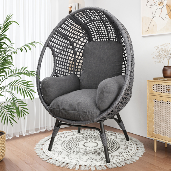 New Grid Style  PE Wicker Weaving Patio Egg Chair with Gray Color Rattan Gray Cushion