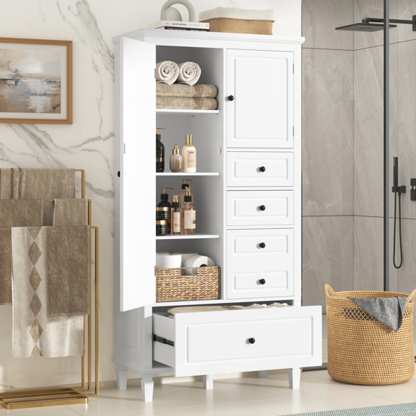 Tall and Wide Storage Cabinet with Doors for Bathroom/Office/Living Room/Indoor, Four Drawers of Different Sizes, Adjustable Shelves, White