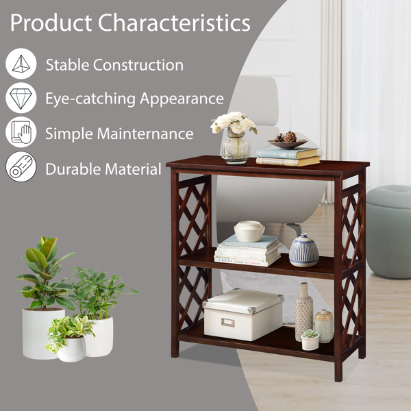 Console Table 3-Tier with Storage Shelves,Open Bookshelf Bookcase with Solid Wood Legs for Hallway, Living Room and Bedroom. Cherry