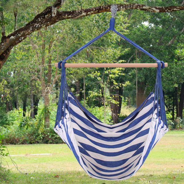 Hammock Hanging Chair Canvas Porch Patio Swing Seat Portable Camping Rope Seat Wooden Stick Hammock Chair with 2 Pillows 265LBS Load-bearing