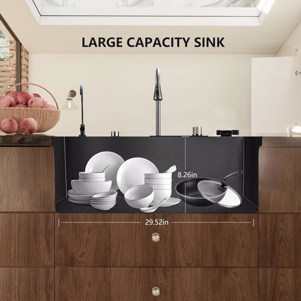 31.5IN Single Bowl Waterfall Kitchen Sink, Stainless Steel Bar Sink with Cup Washer Sinks, Drop-In/on the stage Farmhouse Black Workstation Sink