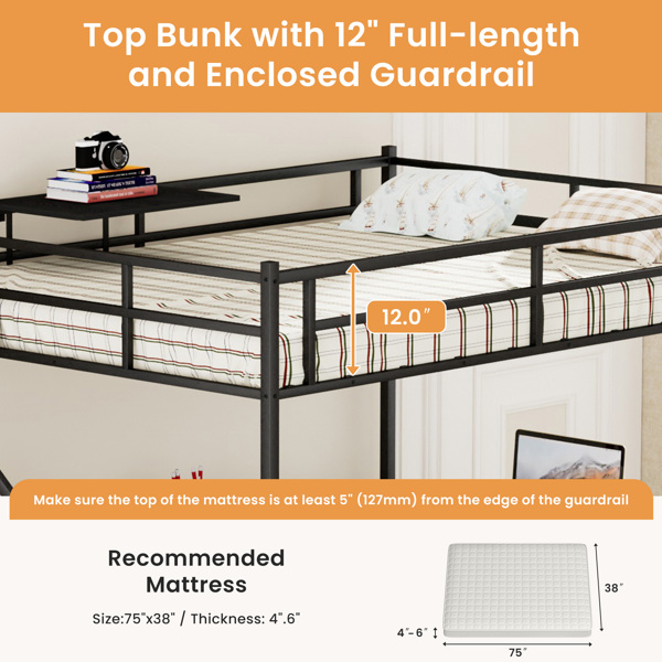Full Size Metal Loft Bed with L-shaped Desk, LED Lights, Charging Cradle, LED Loft Bed Frame, Full Size Bed with One Cabinet Wardrobe and 2 Fabric Drawers, Safety Rails and Ladder, Black