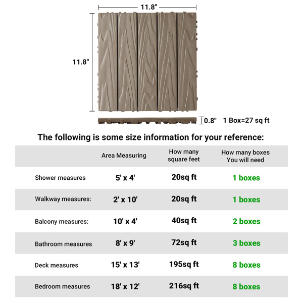 Plastic Interlocking Deck Tiles, 27 Pack, 11.8"x11.8" Waterproof Flooring Tiles for Indoor and Outdoor, Patio Floor Decking Tiles for Porch Poolside Balcony Backyard