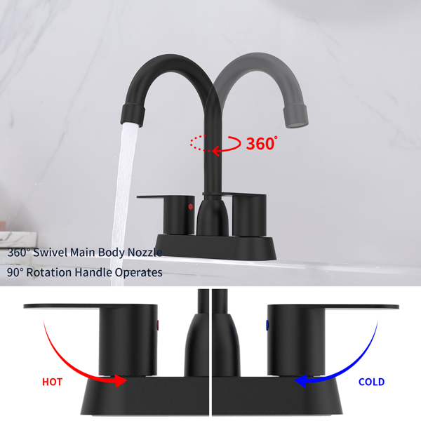 Bathroom Faucet Matte Black 2-Handle Bathroom Sink Faucet 360 Degree High Arc Swivel Spout Centerset 4 Inch Vanity Faucet RV Bathroom Faucet 2/3 Holes Lavatory Faucet[Unable to ship on weekends][Unabl