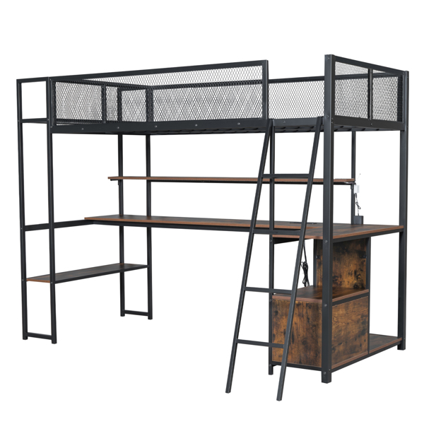 Twin Size Metal Loft Bed with Built-in Work Station, LED and Multiple Storage, Black