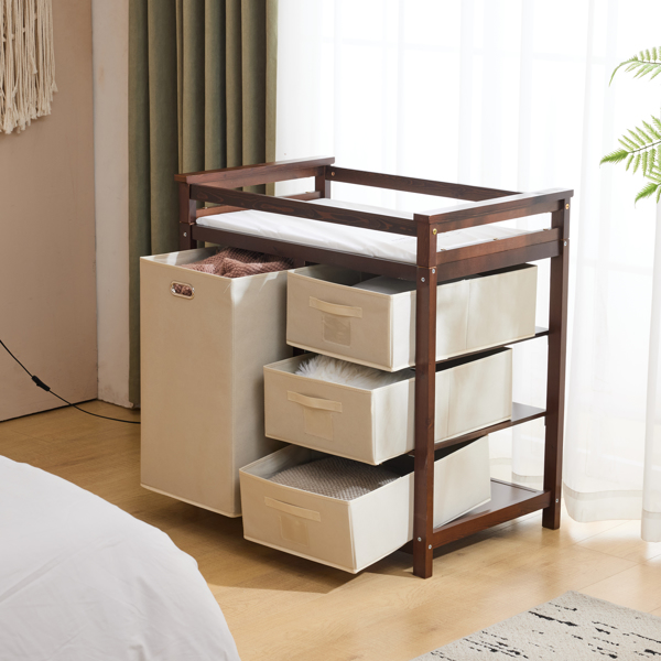 FCH Wooden Frame Removable Top Brown Painted Pine Children's Cot with 3 Fabric Drawers + 1 Fabric Bag