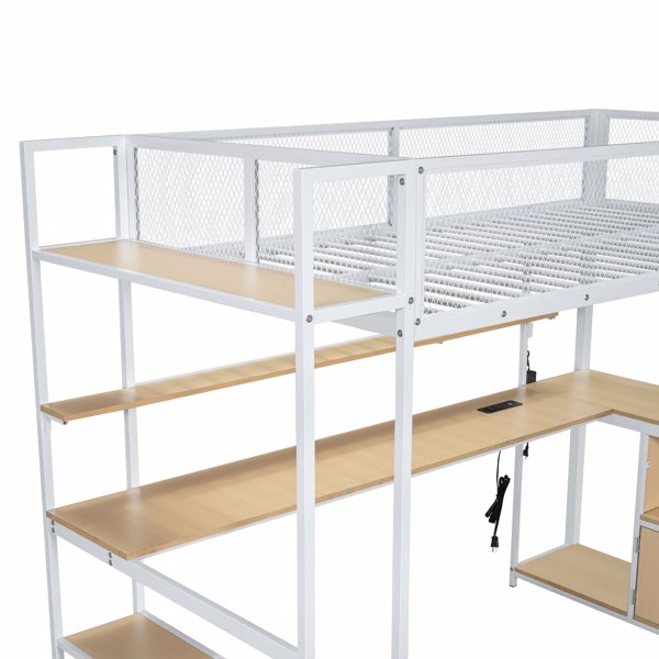 Twin Size Metal Loft Bed with Built-in Work Station, LED and Multiple Storage, White